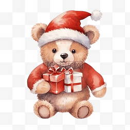 可爱的泰迪熊在圣诞老人服装水彩