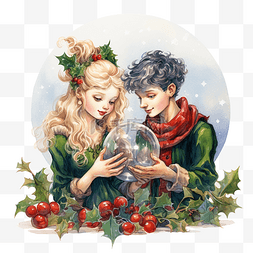 水彩画框图片_圣诞贺卡与冬青和精灵与玻璃小玩