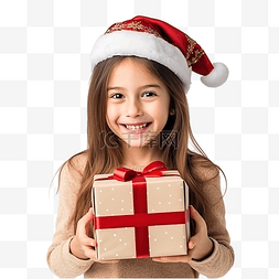 一堆圣诞礼物盒图片_戴着圣诞帽的漂亮小女孩孤立地站