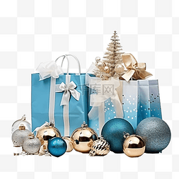 店铺折扣图片_带有蓝色纸袋和装饰品的圣诞购物