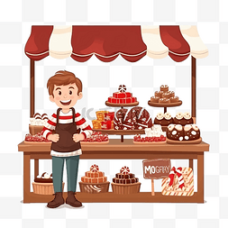 巧克力路图片_圣诞市场食品市场上，男孩站在甜