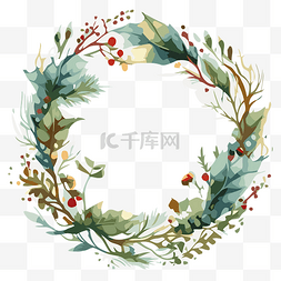 水彩冬青花环，有各种叶子和浆果