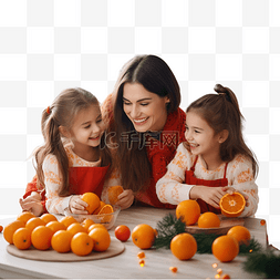 橘子在图片_快乐的母亲在圣诞装饰的厨房里给