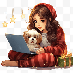 小狗与女孩图片_穿着圣诞衣服的女学生晚上坐在家