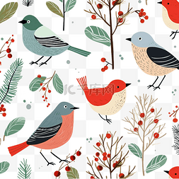 圣诞碎花图片_圣诞装饰无缝图案与鸟类和冬季元