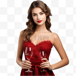 红酒杯红酒图片_穿着晚礼服的美丽圣诞女孩拿着一