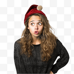 思考问题表情图片_戴着圣诞帽的女孩在没有聚焦的墙
