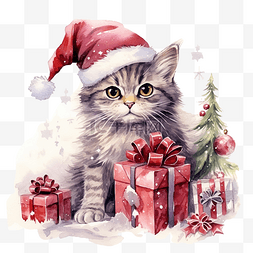 红色的猫卡通图片_快乐圣诞贺卡，上面有滑稽的猫和