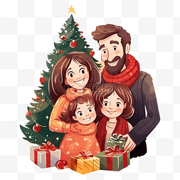 圣诞节时，幸福的家庭在圣诞树附