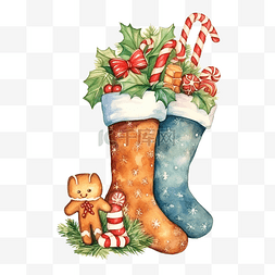 圣诞袜图片_水彩手绘圣诞袜，里面装满了礼物