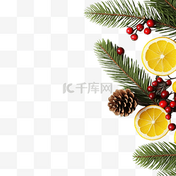 木框板图片_圣诞树枝锥浆果柠檬与复制空间