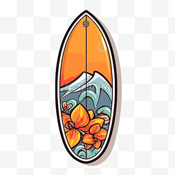 复古橙色冲浪板，有山和花 向量