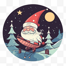 复古圣诞节贴纸图片_圣诞节圣诞老人冬天骑飞机的卡通