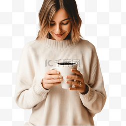 手机下购物图片_女性拿着杯咖啡和智能手机以及木