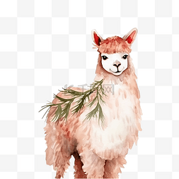 圣诞羊驼和冷杉树枝水彩无缝图案