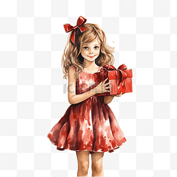 抱着礼物的儿童图片_穿着裙子的女孩站在圣诞树旁拿着