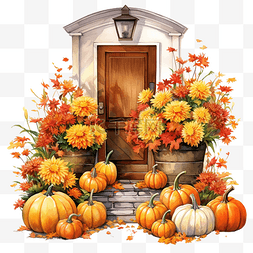 感恩节设计素材图片_装饰过的房子入口，篮子里有南瓜