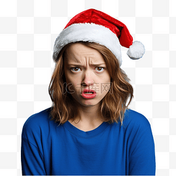 疯狂的女人图片_戴着圣诞帽戴着孤立的蓝色帽子的