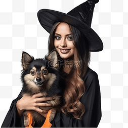 年轻女性在万圣节把狗打扮成女巫