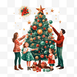 女孩子和花图片_大家庭装饰圣诞树一起悬挂装饰球