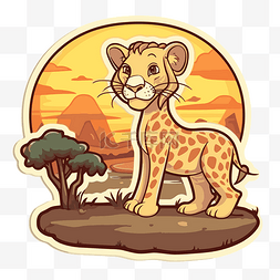 卡通猎豹在沙漠上贴纸插图剪贴画