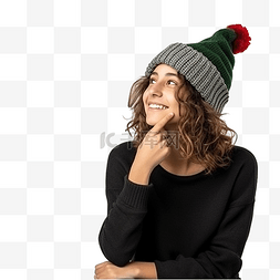 思考问题女图片_戴着圣诞帽的小女孩在孤立的墙上