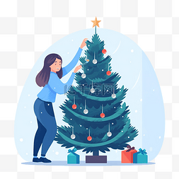 女孩裝飾聖誕樹半平面顏色矢量字