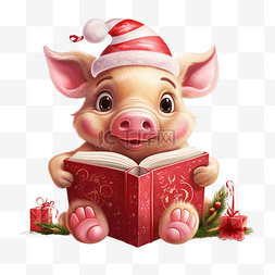 可爱卡通圣诞猪看书礼盒插画