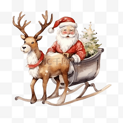 可爱的驯鹿与圣诞老人雪橇水彩圣