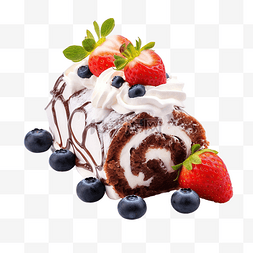 巧克力卷奶油蛋糕配草莓和蓝莓