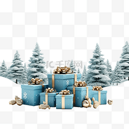 雪景3图片_冬季圣诞场景与礼品盒装饰 3D 渲