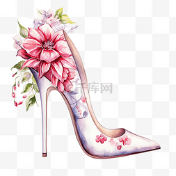 玫瑰与花朵图片_水彩高跟鞋与花朵