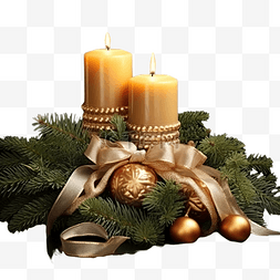圣诞布置，配有冷杉枝蜡烛丝带铃