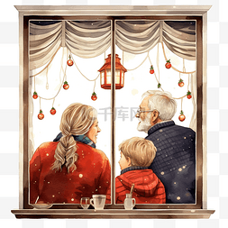 祖父母和孙子在平安夜望着窗户
