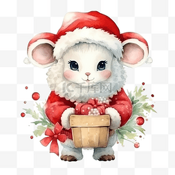 可爱的羊在圣诞老人服装水彩圣诞