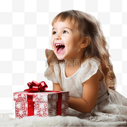 圣诞树上拿着礼物笑着的女孩