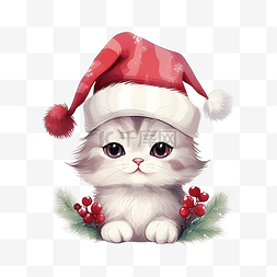 素描春景图片_圣诞快乐可爱的猫画与红色浆果帽