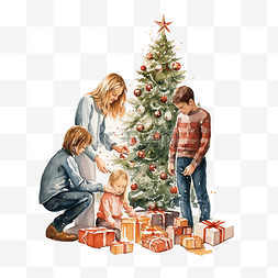 红色家图片_幸福的家庭用球和礼物装饰圣诞树