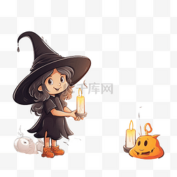 有趣的小女巫在烛光下与魔镜中的