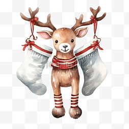 可爱风丝带图片_穿着袜子的水彩圣诞驯鹿