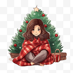 穿着睡衣的黑发女孩坐在圣诞树上