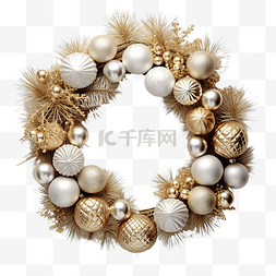 花环装饰框图片_带白松树枝和球装饰的圣诞花环