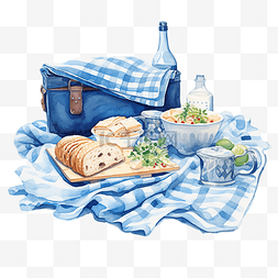 蓝色沙滩巾和野餐毯水彩插图