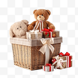 购物貨車图片_桌上有礼品盒和玩具的篮子，为圣