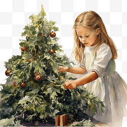 用玩具和鲜花装饰圣诞树的小女孩