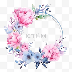 蓝色花牡丹花图片_粉红玫瑰和牡丹花花束花环，蓝色