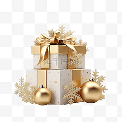圣诞节效果图片_3D 渲染惊喜礼品盒，配有金色雪花