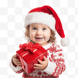 开箱盒子图片_一个戴着红色圣诞帽的惊讶女婴手