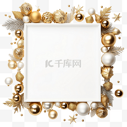 金色圣诞框架图片_白纸上有金色和白色圣诞玩具的框