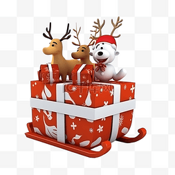 3d 圣诞礼品盒在雪橇上与驯鹿和雪